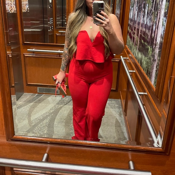 Lulus Gorgeous Deep V Red Jumpsuit Wide Leg L - Picture 3 of 12